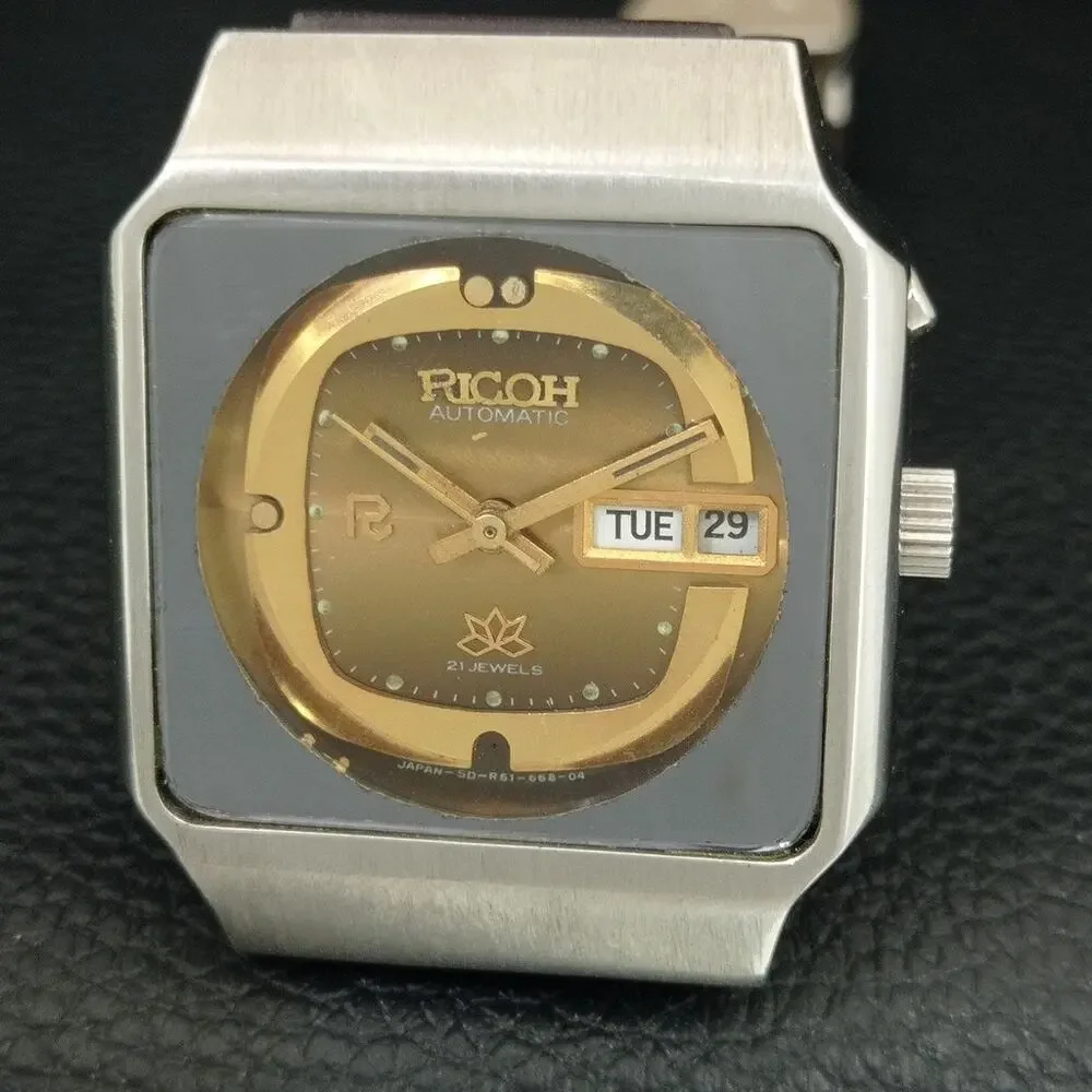 Vintage 1988 Ricoh Automatic Mens Silver Watch W/daydate & Gold accents